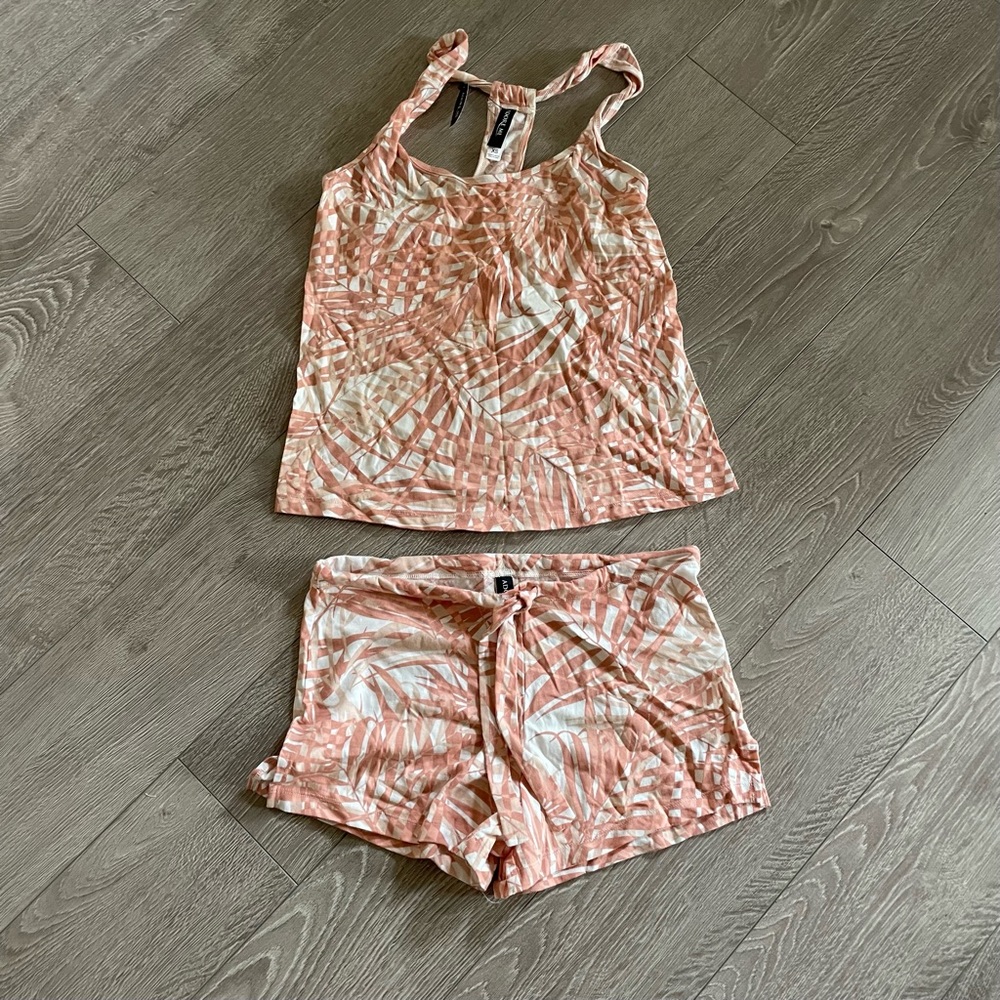 Adore Me Pink and Cream Palm-Print Pajama Tank & Shorts Set